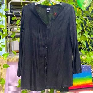 Eileen Fisher Black Buttons Down Cardigan Tunic Crinkle Texture Fabric Size PM !